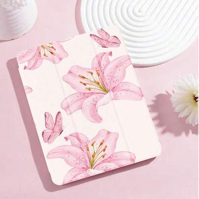 Funda ligera y delgada a prueba de caídas con diseño de mariposa y lirio rosa para iPad de 10.9 pulgadas de 10a generación