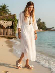 2026款花卉蝴蝶装饰透气镂空舒适平底凉鞋，适合夏季、秋季、冬季穿着，百搭，可用于婚礼、派对、休闲、海滩、浪漫约会、度假等场合。 - 杏色 - 查看 8