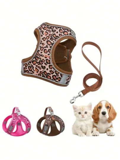 Leopard Print Pet Cat Dog Harness Leash Set, Made Of Breathable Mesh Fabric, Includes 1.5M Leash, Suitable For Small/Medium Dogs & Cats, Adjustable Size, Reflective Stripes For Night, Available In Leopard Rose And Brown Leopard