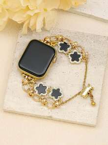 兼容苹果手表表带，女士奢华珠宝风格 - 镶金花卉装饰表带，适用于苹果手表 Ultra/Series 3/2/1/SE/S11/S10/S9/S8/S7/S6/S5/S4/S3/S2/S1，时尚礼物，适合年轻女士、派对、旅行，38mm/40mm/41mm/42mm/44mm/45mm/49mm 表带替换装 - 黑金 - 查看 5