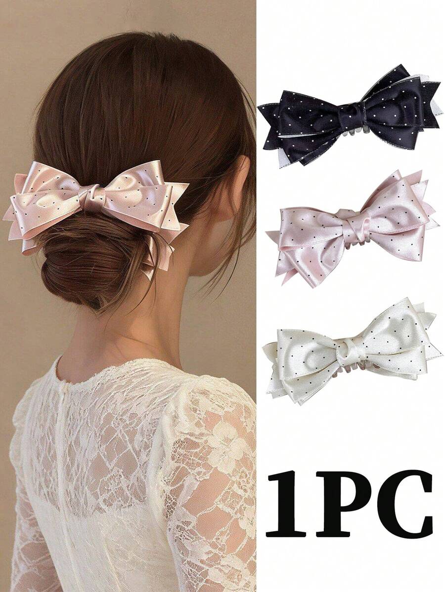 1pc Satin Polka Dot Bow Banana Hair Clip, Elegant Ponytail Holder, Versatile Hair Accessory For Women, Hairpin, Claw Clips