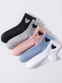 5双装女士可爱爱心图案透气针织中筒袜，春夏百搭，学院风 - 彩色 - 查看 3