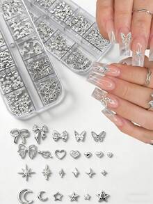 12pcs/Box Metal Butterfly & Heart Shaped Nail Decorations, Y2K Style Hollow Heart, Bow, Moon, Star Shiny Star Nail Rivets, DIY Nail Accessories Nails - Silver - View 1