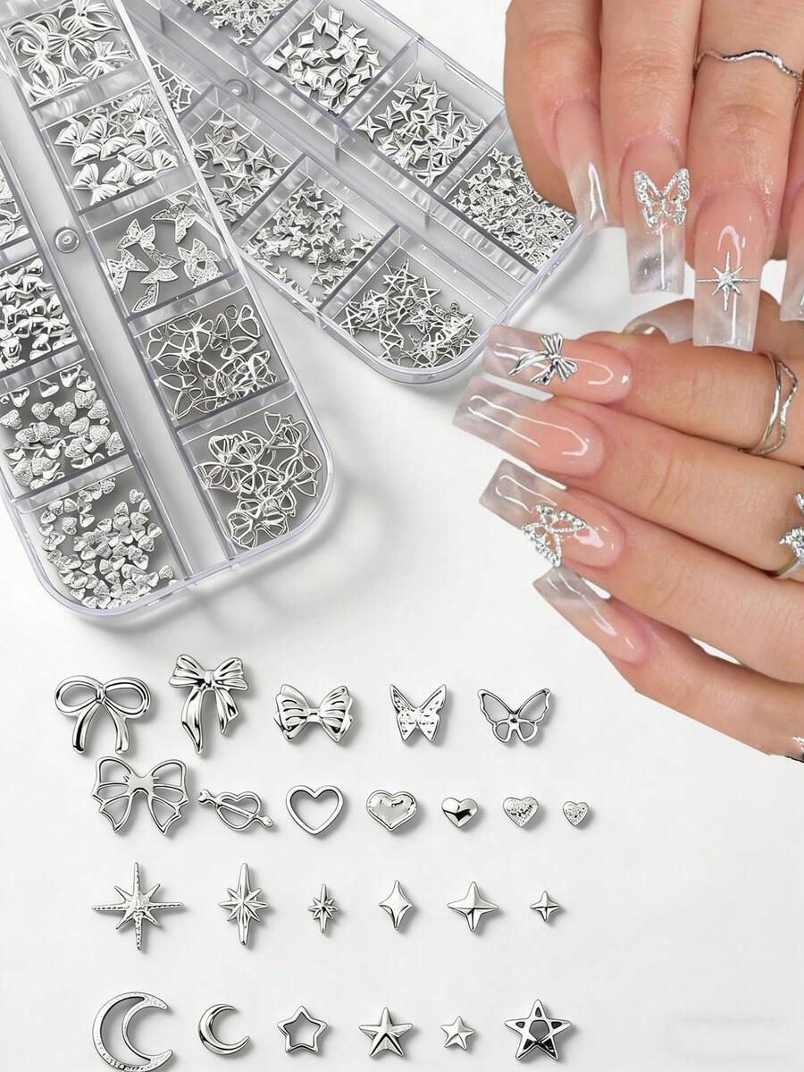 12pcs/Box Metal Butterfly & Heart Shaped Nail Decorations, Y2K Style Hollow Heart, Bow, Moon, Star Shiny Star Nail Rivets, DIY Nail Accessories Nails - Silver - View 1