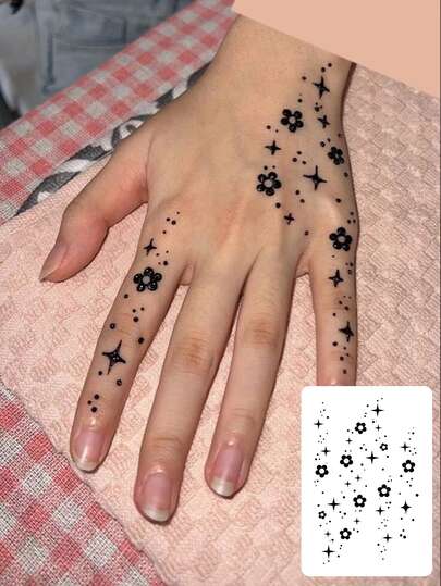 1 pieza Pegatina de tatuaje falso de henna a prueba de agua de moda, diseño floral y de estrellas permanente, estilo de henna mehndi, adecuado para fiestas, uso diario y el Ramadán