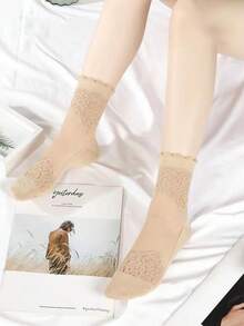 1/3/6 Pairs Women's Random Rose Lace Trim Breathable Comfortable Everyday Crystal Silk Stockings - Multicolor - View 3