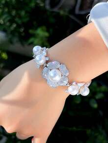 1pc Luxury Statement Big Flower Shaped Cubic Zirconia Silver Plated Engagement Wedding Party Pearl Bracelet For Women - White - View 4