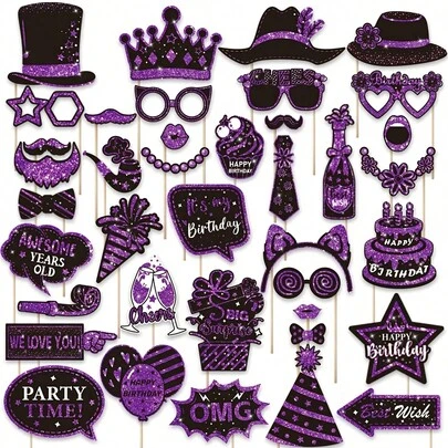 36pcs Purple Glitter Birthday Party Photo Props Set, Unisex Birthday Party, 40th-50th-60th Birthday, Graduation Ceremony, Wedding Party, Funny Cute Party, Ball, Holiday Decorations (Purple And Black)