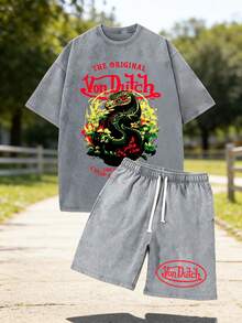 Grey Mens Creative T Shirt And Shorts Set American Vintage Full Print Street Wear Essential Graphic T Shirt And Shorts Set With Dragon And Floral Design And Vonn Dutch Logo For Casual Outfits Print Washed T Shirt Set - Xám - Xem 1