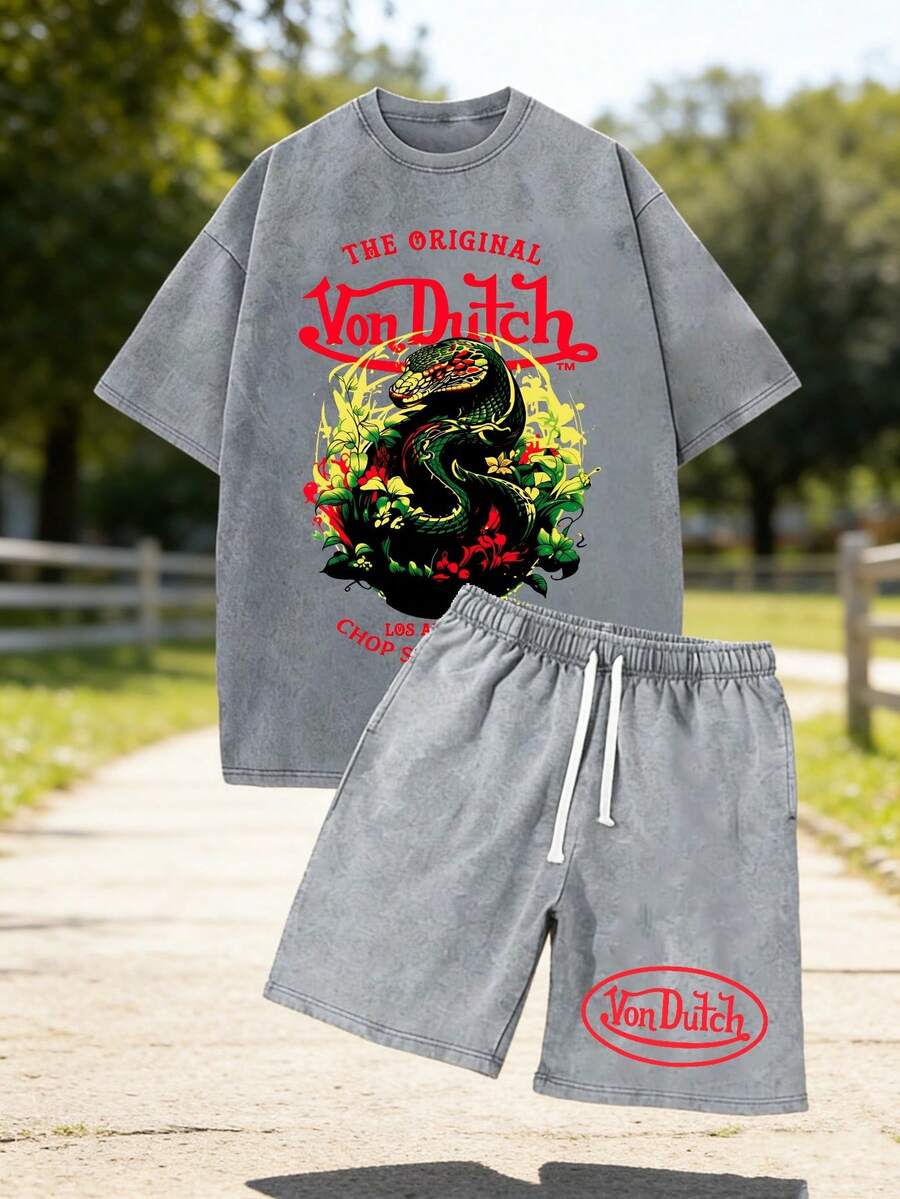 Grey Mens Creative T Shirt And Shorts Set American Vintage Full Print Street Wear Essential Graphic T Shirt And Shorts Set With Dragon And Floral Design And Vonn Dutch Logo For Casual Outfits Print Washed T Shirt Set - Xám - Xem 1