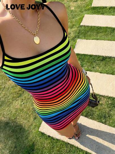 LOVE JOYY Women's Y2K Colorful Stripe Spaghetti Strap Dress, Bodycon Short Spaghetti Strap Dress, Summer Hot Girl Style Vacation And Party Outfits
