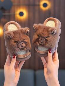 1双 Capybara 儿童亚麻保暖拖鞋，防滑室内拖鞋，男童款，加厚保暖内里，适合春秋季穿着 - 棕色 - 查看 3