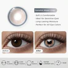 Lalens 彩色隐形眼镜 | 2 副装，赠送隐形眼镜盒 | 蓝/绿/棕三色可选 | 月抛型灰色美瞳，放大瞳孔，缩小瞳孔设计 | 万圣节配饰 | 适合变装者、女性和女孩的时尚妆容 | 适合秋冬季节，Y2K 复古风 | 生日、圣诞节和新年派对必备（精美礼品） - Genshin Moon Grey - 查看 3