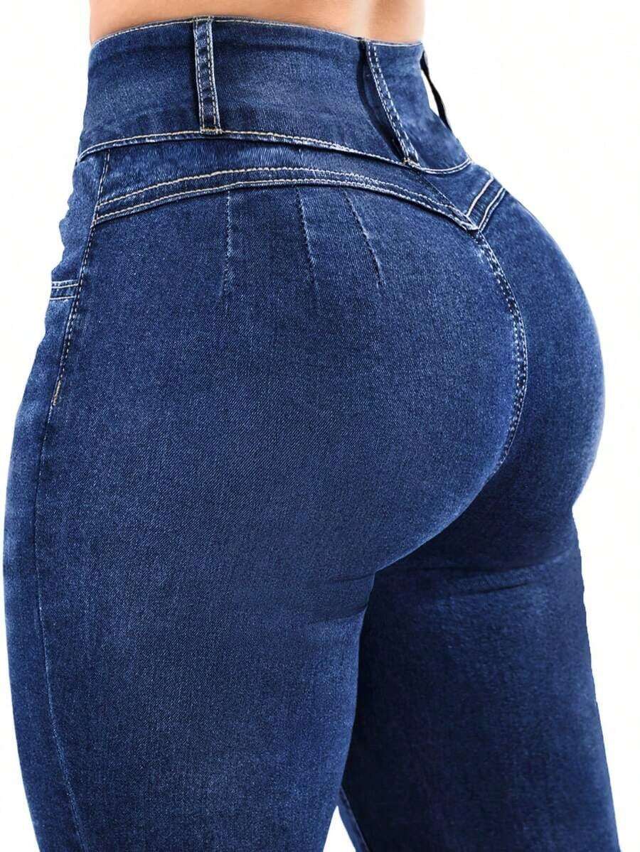 Women's Butt Lifting Jeans, High Elastic Tummy Control Skinny Long Pants, Fashion Elegant Casual Trousers Suitable For Date, Commuting, Shopping - Medium Blue - 查看 1