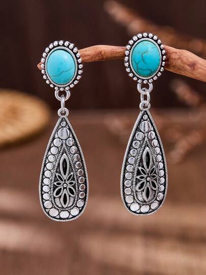 MONLOTTI Pendientes colgantes de turquesa tallada en forma de gota de agua, estilo vintage occidental y sencillo, pendientes de vaquera bohemia, adecuados para usar en cualquier ocasión, un regalo para damas