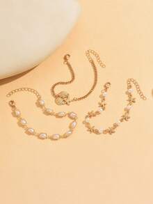 3pcs/Set Ocean Vacation Style Handmade Faux Pearl Metal Starfish Shell Seashell Marine Life Jewelry Set, Suitable For Daily Wear, Casual, Beach Travel - Multicolor - View 3