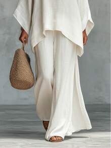 Womens Linen Blend Two Piece Outfit Oversized Batwing Sleeve Top And Wide Leg Pants Set - 白色 - 查看 2