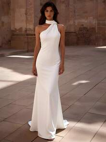 Basrey Solid Color Scarf, Turtleneck, High Waist, Bodycon, Backless, Bodycon Evening Dress, Mermaid Skirt, Dress, Cocktail Dress, Suitable For Formal Banquet, Wedding And Party, Valentine's Day - White - View 6