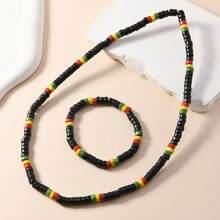 European And American Cross-Border Hot Selling Black Wooden Bead Elastic Bracelet & Necklace Set - Gold - View 2