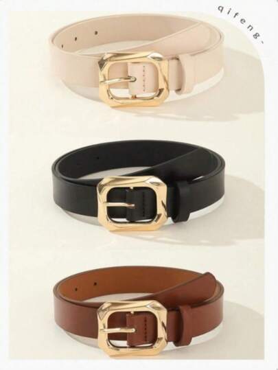 3pcs Gold Square Buckle Casual Dress, T-Shirt, Pants Fashion Elegant Women Belt