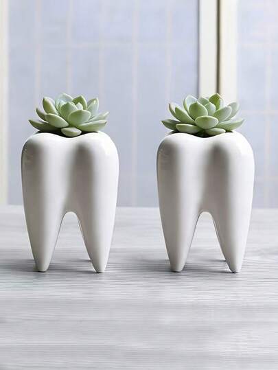 1pc Cute Tooth Shaped White Plastic Succulent Planter, Flower Pot, Mini Succulent Pot, Creative Pen Holder, Suitable For Office, Dental Clinic Decor, Home Desktop Decor, Plant Not Included