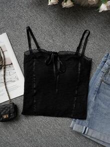 黑色蝴蝶结蕾丝边吊带背心，修身显瘦，春夏新款休闲款 - 黑色 - 查看 9