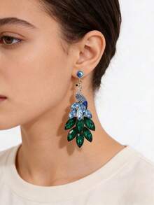 一对奢华密镶水晶孔雀耳环，渐变宝石耳坠，专属设计正式礼服耳环 - 淺藍色 - 查看 4