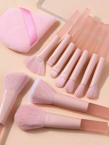 13件套粉色便携式化妆刷套装 - 多功能软毛迷你面部刷套装 + 植绒粉扑 + 小号化妆海绵 - 粉色 - 查看 6