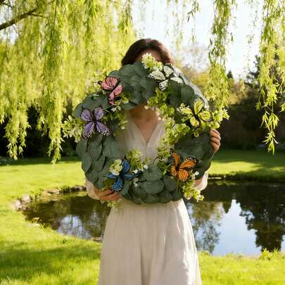 1pc Artificial Flower Wreath Wall Hanging, Vine Eucalyptus Floral Wreath With Butterflies, Suitable For Spring/Summer Outdoor Wedding Decor