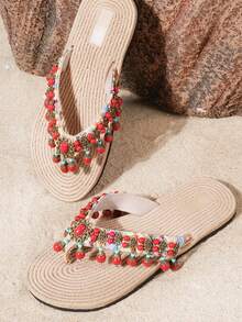 手工波西米亚风仿红宝石装饰流苏链，寓意吉祥；女士编织平底休闲人字拖，压纹软垫鞋底，适合海滩、度假、旅行和日常穿着。 - 彩色 - 查看 5