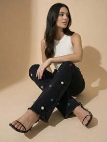 pthirillo Women's Black Flare Jeans With High-Waisted Butt-Lifting Effect And Rhinestone Detail. - 彩色水鑽 - View 4