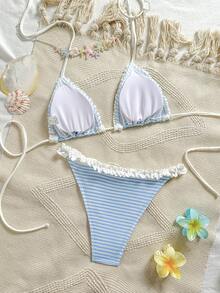 Conjunto de bikini con volantes a rayas para vacaciones en la playa - Azul y blanco - Ver 7