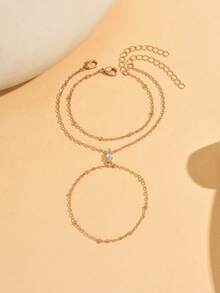 2pcs/Set Minimalist Elegant Finger Chain Bracelet, Gold Chain With Sparkling Rhinestones, Suitable For Women's Daily Wear, Leisure And Travel - Gold - View 2