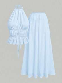 Dravelle Set de 2 piezas Traje informal de falda de cintura alta con parches, para mujer, para vacaciones de verano, citas, conjunto de playa elegante - Azul - Ver 1