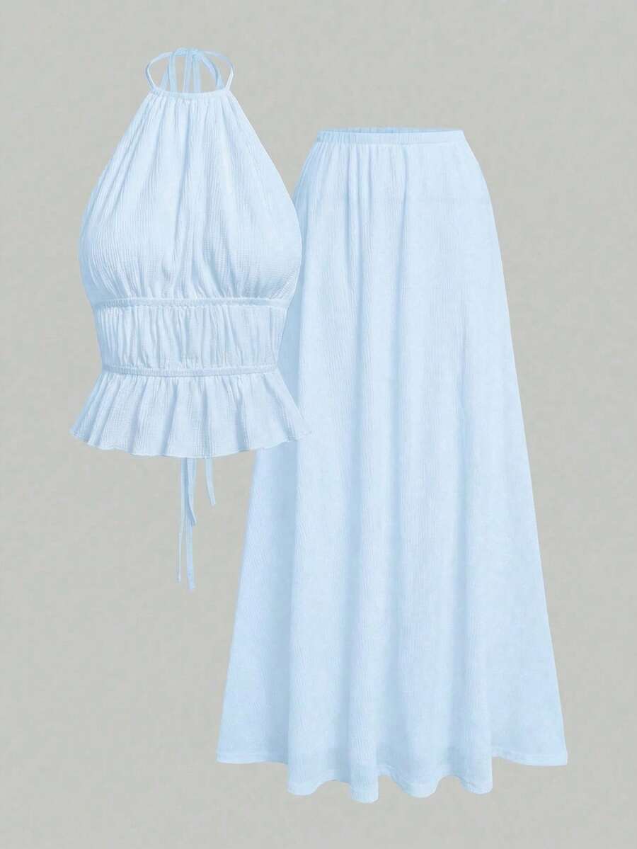 Dravelle Set de 2 piezas Traje informal de falda de cintura alta con parches, para mujer, para vacaciones de verano, citas, conjunto de playa elegante - Azul - Ver 1