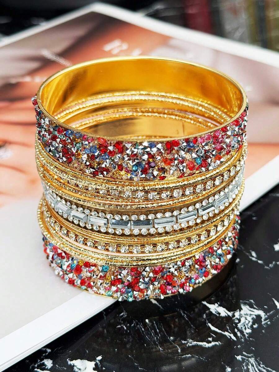 13 pièces Set de bracelets rigides ornés de strass, bijoux à la mode cadeau pour femmes, convient pour les fêtes et le port quotidien - 13 strass colorés - Voir 1
