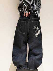 1pc Korean Retro Men's Patchwork Star Embroidered Wide Leg Pants, Loose Comfortable Casual Fashion All-Match Streetwear College Style Relaxed Fit Jeans (No Belt & Accessories) - 黑色 - 查看 3