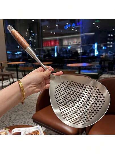 1 pieza Cuchara espumadera grande de acero inoxidable, resistente al calor con malla fina, mango ergonómico, apta para sartén, olla caliente, hornear, herramienta duradera para el hogar y la cocina de restaurante