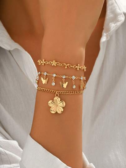 3pcs/Set Elegant Versatile Sparkling Crystal Chain Bracelet With Golden Butterfly Tassel, Fashionable Floral Metal Alloy Jewelry For Women, Suitable For Daily Wear, Photo Shoots, Travel, Dates, And Gatherings