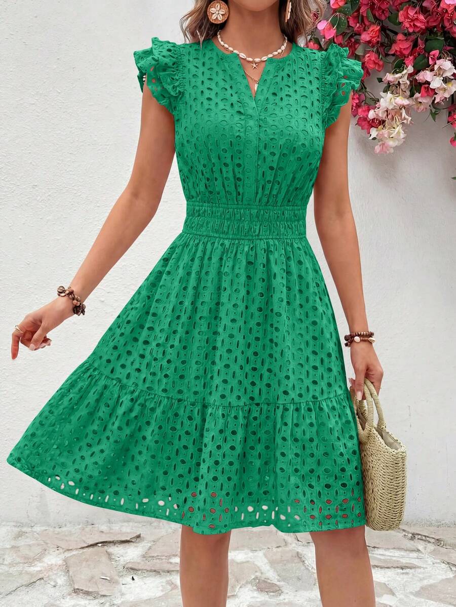 PRETTYGARDEN Women's Summer Dresses Eyelet Cap Sleeve V Neck Short Boho Wedding Guest Graduation Dress Beach Vacation Sundresses Green Dresses For Women - 綠色 - 查看 1