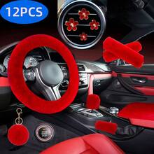 12pcs Winter Thick Plush Car Interior Set, Including Steering Wheel Cover, Seat Belt Shoulder Pads, Armrest Cover, Gear Shift Cover, Handbrake Cover, Pom-Pom Pendant, Small Daisy Decorative Clips - 12PCS - 查看 16