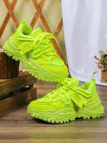 Neongrüne Damen Lässig Sportschuhe mit dicker Sohle, weich und leicht multifunktional, geeignet für Outdoor-Spaziergänge, Plateauerhöhung, geeignet für den täglichen Gebrauch, Pendeln, Reisen, europäischer und amerikanischer College-Stil Unisex Sneaker - Grün - Übersicht 7