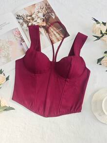 Y2K Aesthetic Burgundy Boned Corset Crop Top For Women - Burgundy - View 9