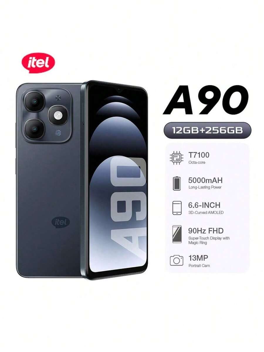 itel A90 Dual SIM Smartphone, 6.6" 90Hz Display, Android 14 OS, 5000mAh Battery, 13MP Camera, Fingerprint ID, Multimedia Smartphone - Fashionable Smart Phone - Black - View 1