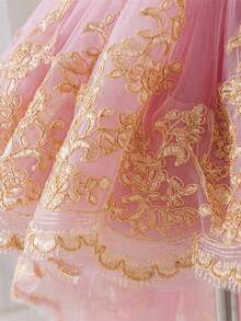 Vestido rosa lindo con patrón floral bordado en dorado para niñas bebé, decoración con moño, fiesta de cumpleaños, sesión de fotos, vestido con mangas abullonadas y volantes - Rosa - Ver 7