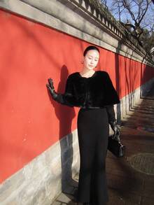 优雅仿毛皮披肩，柔软绒面材质，适合搭配婚纱和晚礼服，奢华正式派对披肩，新娘配饰，时尚设计深受时尚爱好者喜爱。 - 黑色 - 查看 5