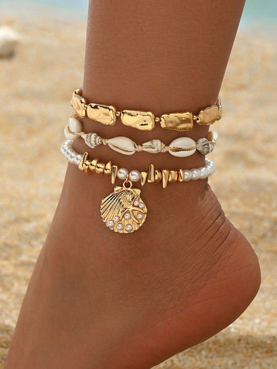 3pcs/Set Fashion Beach Vacation Handmade Woven Rope Shell Conch Anklet, Classic Faux Pearl Square CCB Beaded Alloy Shell Pendant Foot Jewelry For Women, Can Be Worn Separately Or Layered, Suitable For Daily Outing And Beach Vacation, The Natural Shell Shape, Surface Pattern And Size Are Random - Golden - View 1