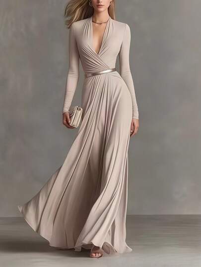 Vestido Francés Elegante 2026, Color Sólido con Textura, Mangas Largas, Estilo Chic