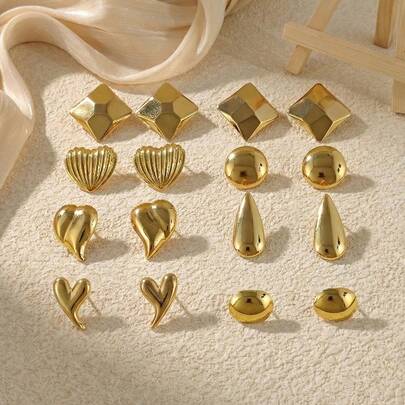 女士粗款大号方形耳钉，几何造型，圆领条纹纹理，轻盈透气，低过敏性，适合舞会等场合，时尚珠宝礼品。