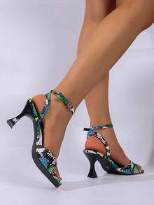 Giày sandal cao gót mũi vuông cho nữ, giày cao gót hở gót buộc dây mùa hè thanh lịch, giày bít mũi da bóng màu nude khoét rỗng gợi cảm. - Họa tiết trăn xanh - Xem 6